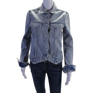 R+A Womens Denim Button Down Long Sleeves Jacket Blue Cotton Size Extra Small